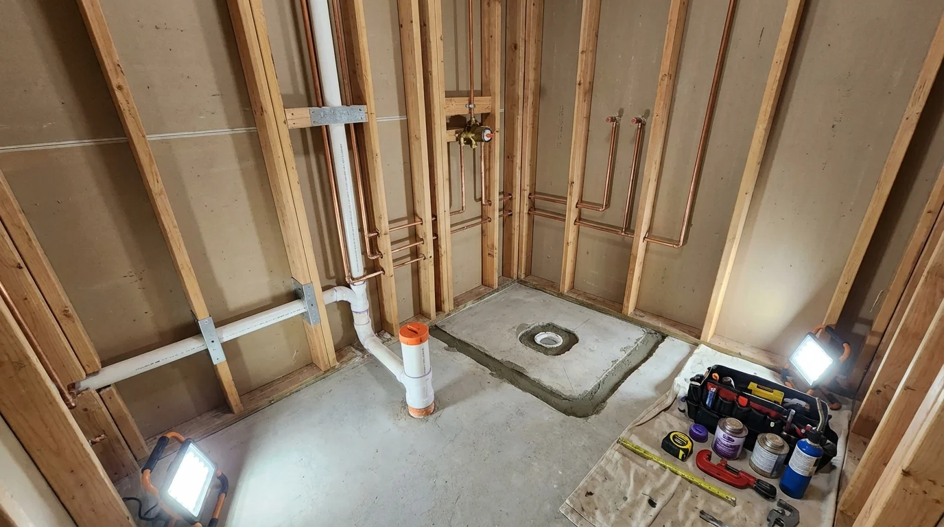 Bathroom rough-in plumbing during remodel by Johns Plumbing LLC in Kearney