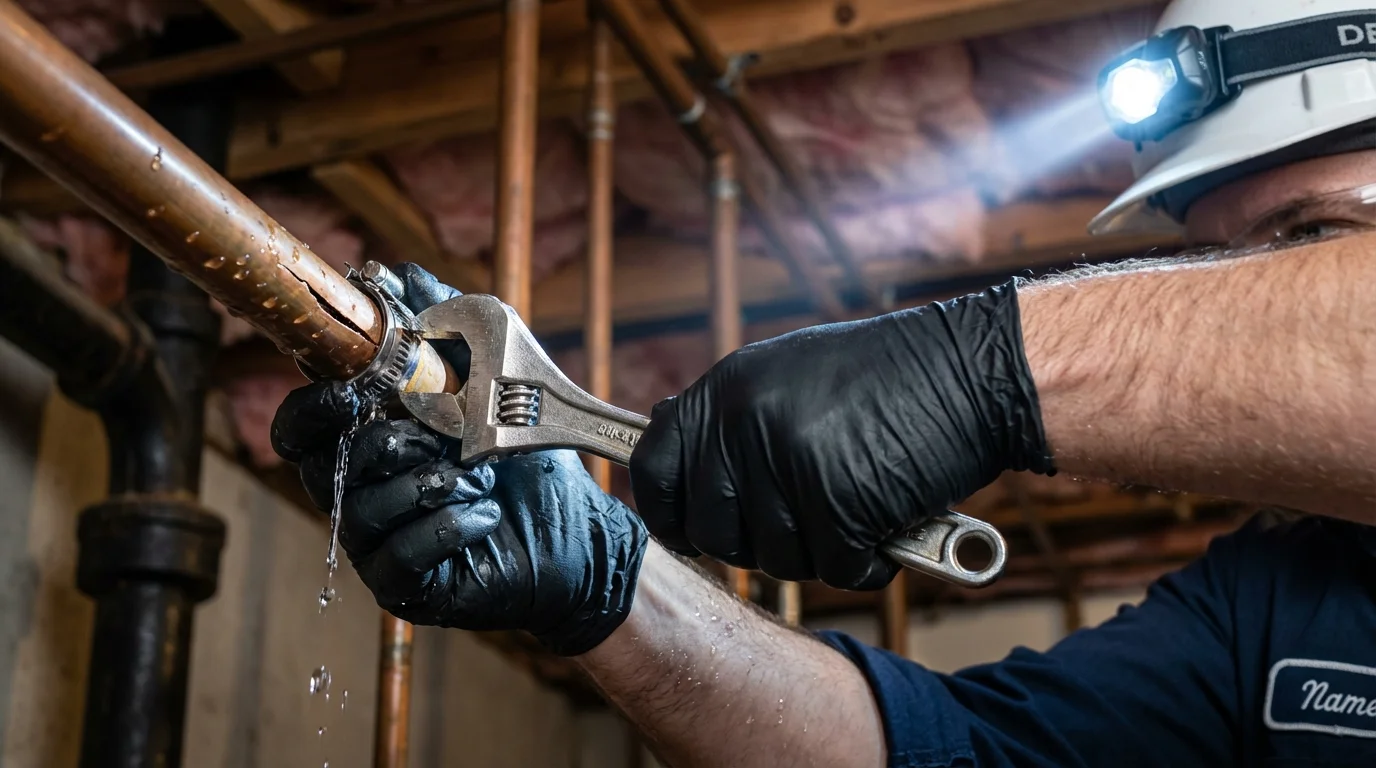 Emergency pipe clamp repair being performed by a Johns Plumbing LLC plumber in Kearney