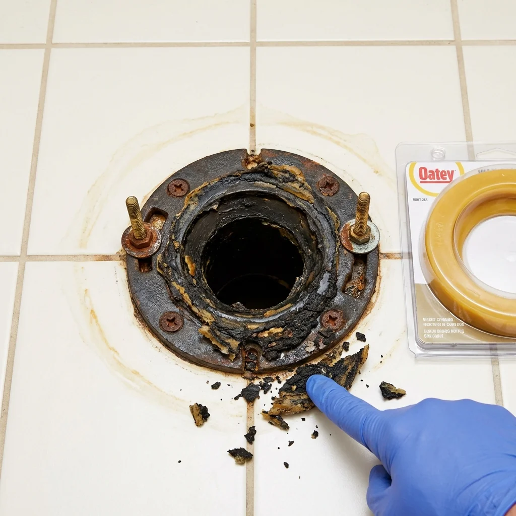 Failed wax ring showing water seepage at the base of a toilet in a Kearney, MO home